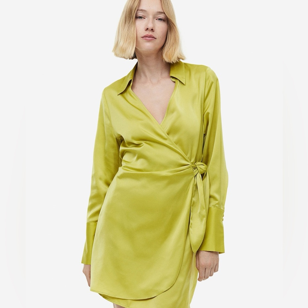 H&M Satin Wrap Dress Mini Yellow Green Size large